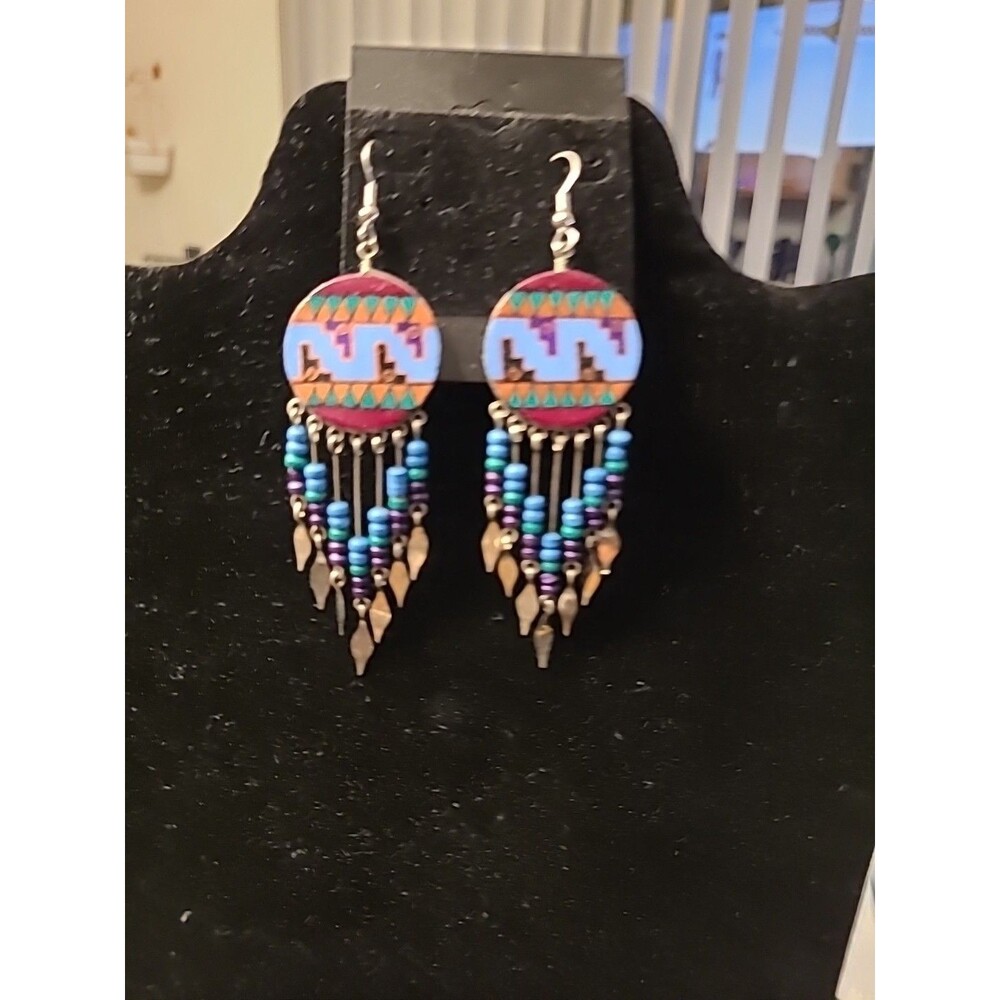 Vtg SOUTHWESTERN AZTEC PAINTED & BEADED DREAMCATCHER EARRINGS